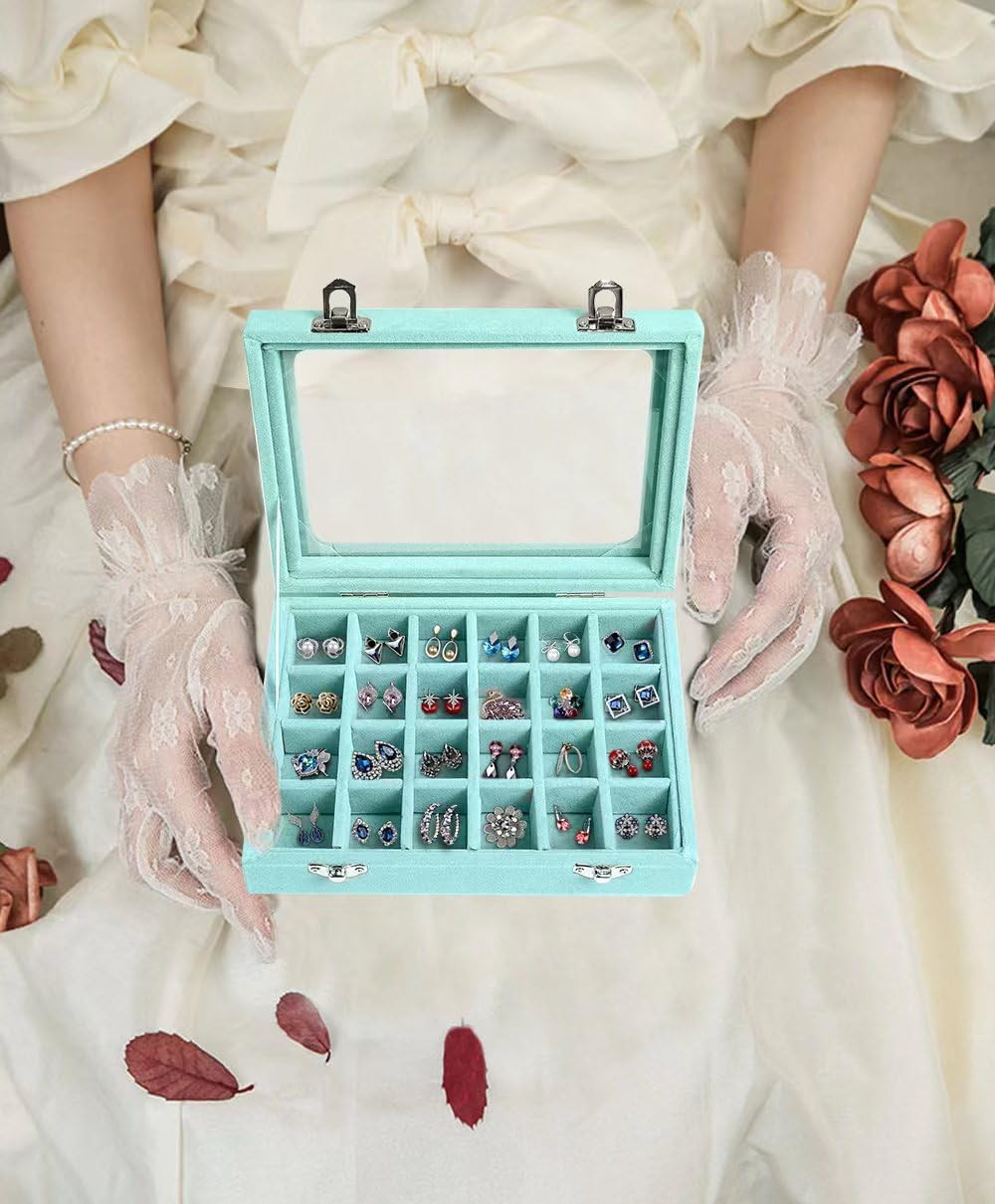 Velvet Jewelry Box 24 Grid Jewelry Earrings Display Organiser Box Ring Tray Hold