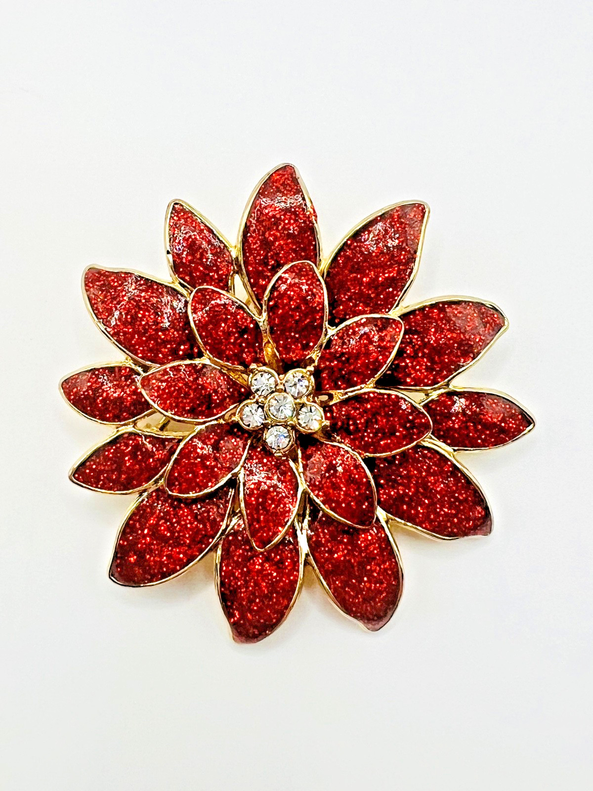 MACY’S HOLIDAY LANE Glitter Epoxy Christmas Poinsettia Brooch; Gold Tone Pin