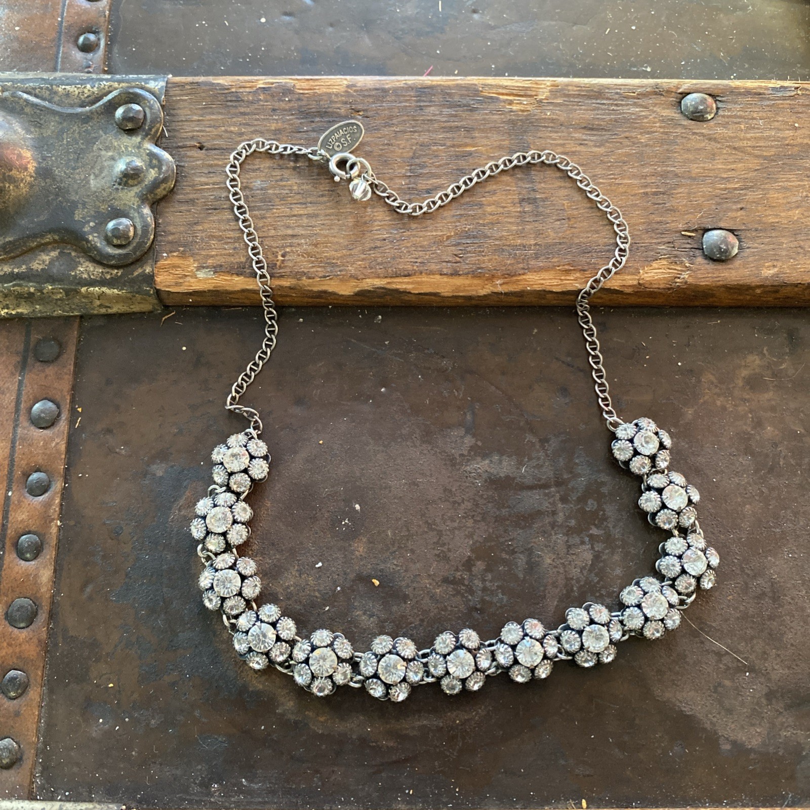 VTG Signed Liz Palacios SF USA Bronze Tone. Crystals 17.5” Collar Necklace