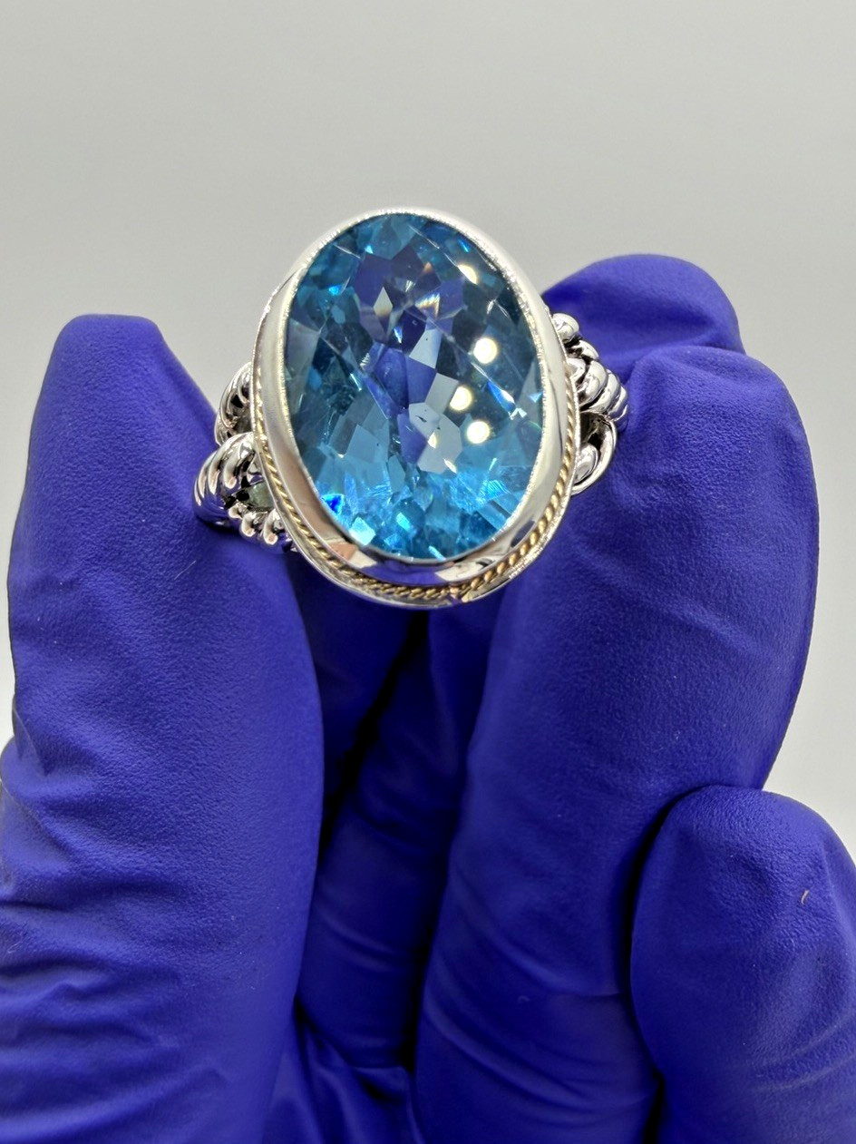 Designer Effy Sterling Silver & 18k Gold Oval Blue Topaz Twisted Cable Ring Sz 7