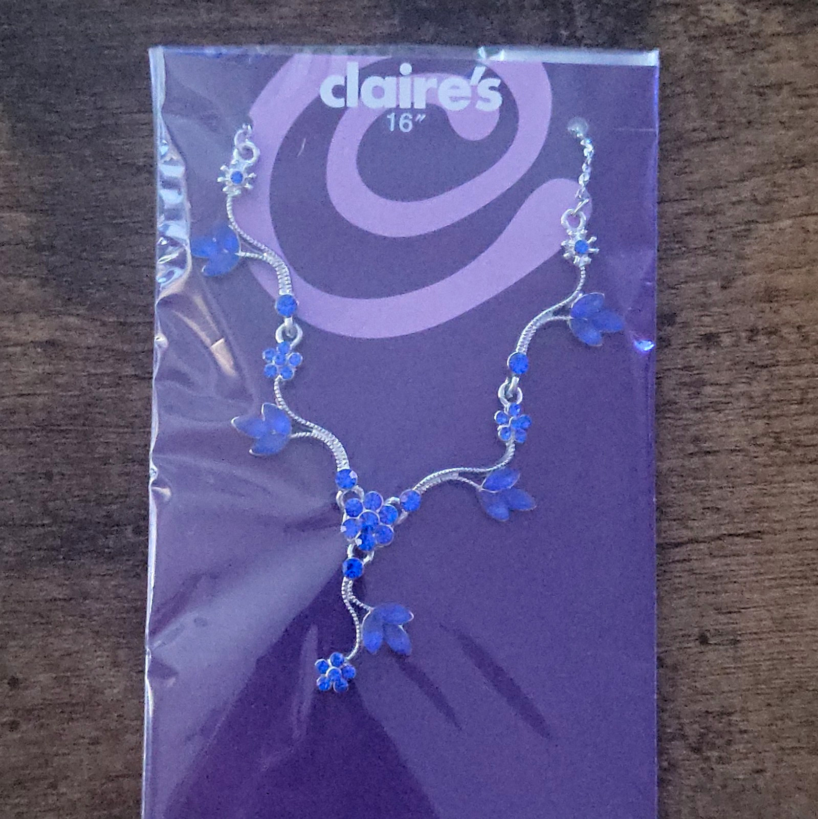 Claire’s 16in Blue Crystal Flower Y-Drop Necklace Silver Tone Adjustable