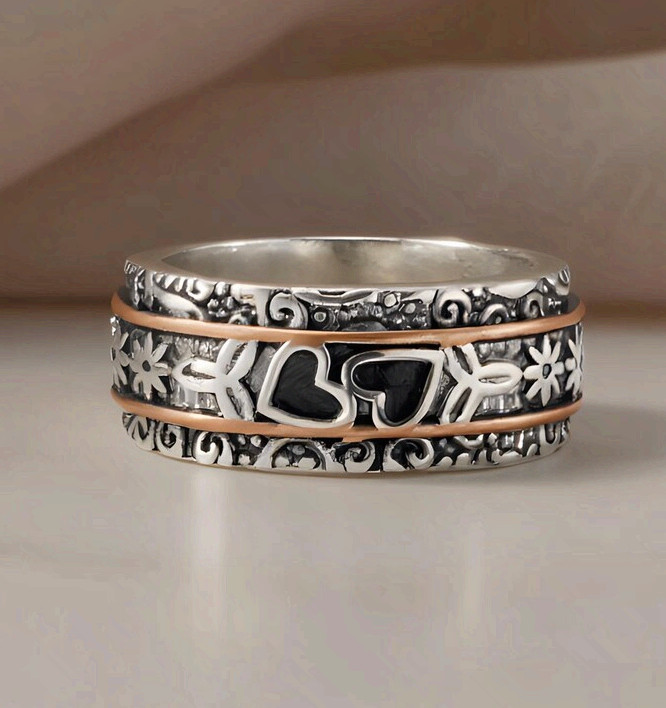 Hearts Ring Stainless Steel Two Tone Floral Fidget Meditation Band