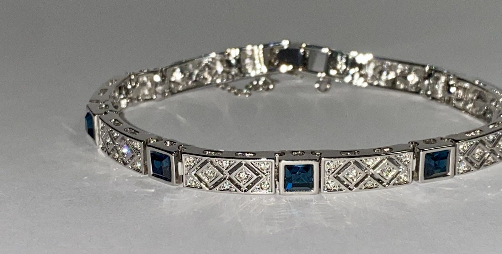 Art Deco Blue Stone and CZs Bracelet With Chain And Safety Clasp Joan Rivers