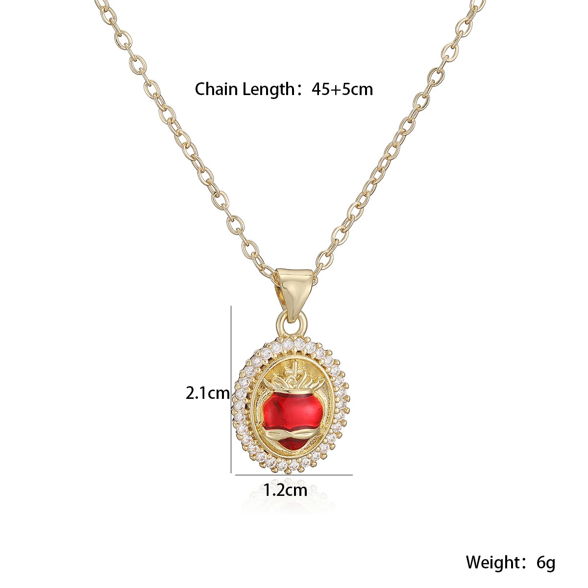 Brass Sacred Heart Red Crystal Necklace Gold Plated Cross Zircon Oval Pendant Ne