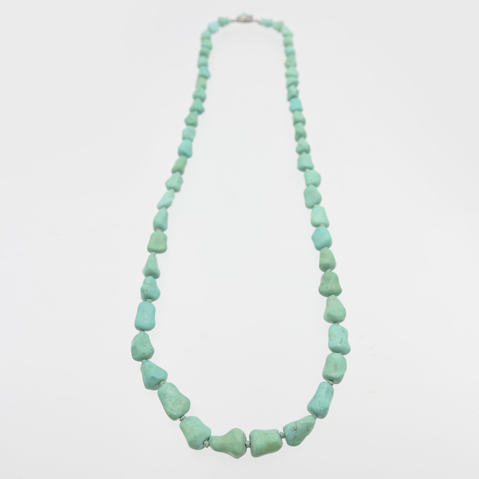 Old Vintage Chinese Export ‘Knucklebone’ Turquoise Necklace w/ Silver Clasp