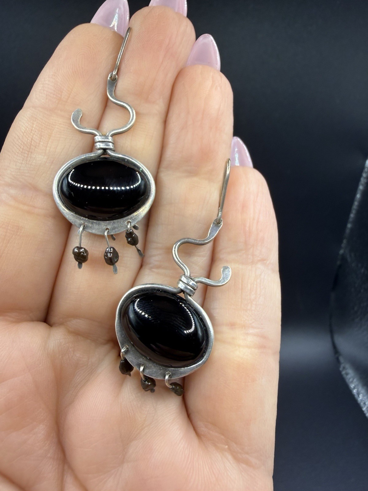 Black Onyx Dangle Ellipse Cabochon Silver Drop Earrings