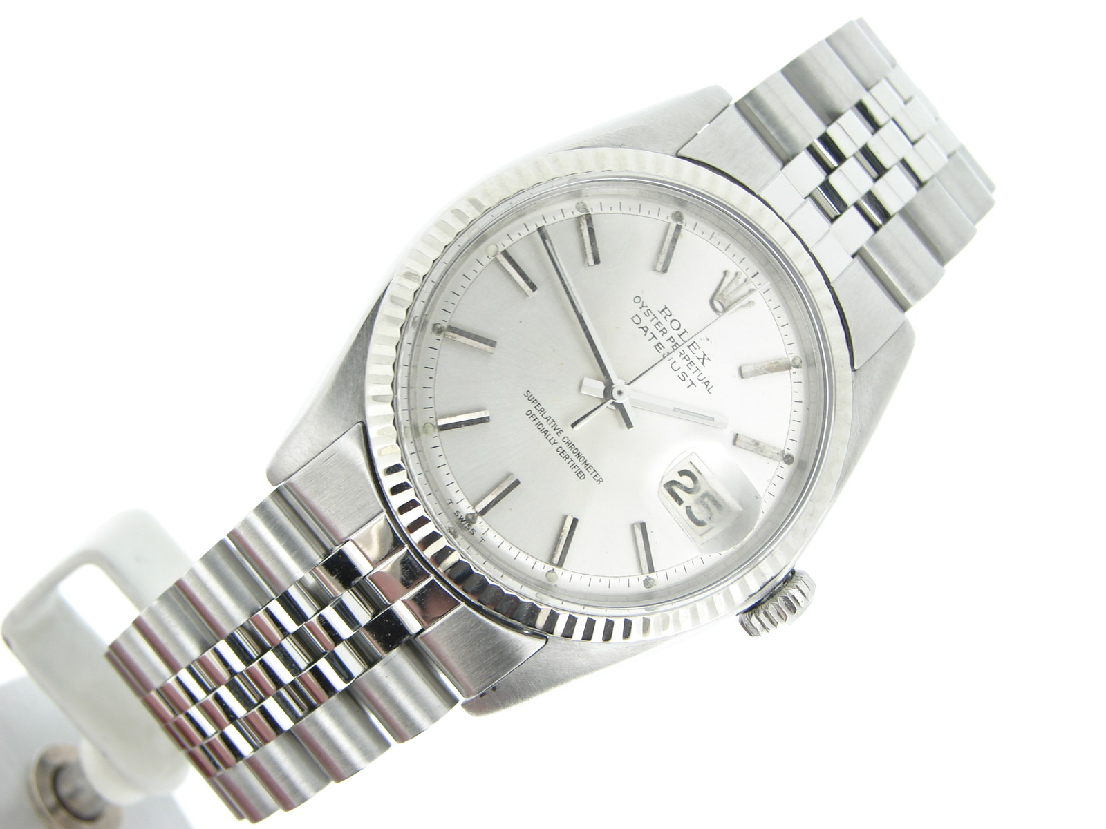 Rolex Datejust Mens Stainless Steel Watch 18K White Gold Bezel Silver Dial 1601
