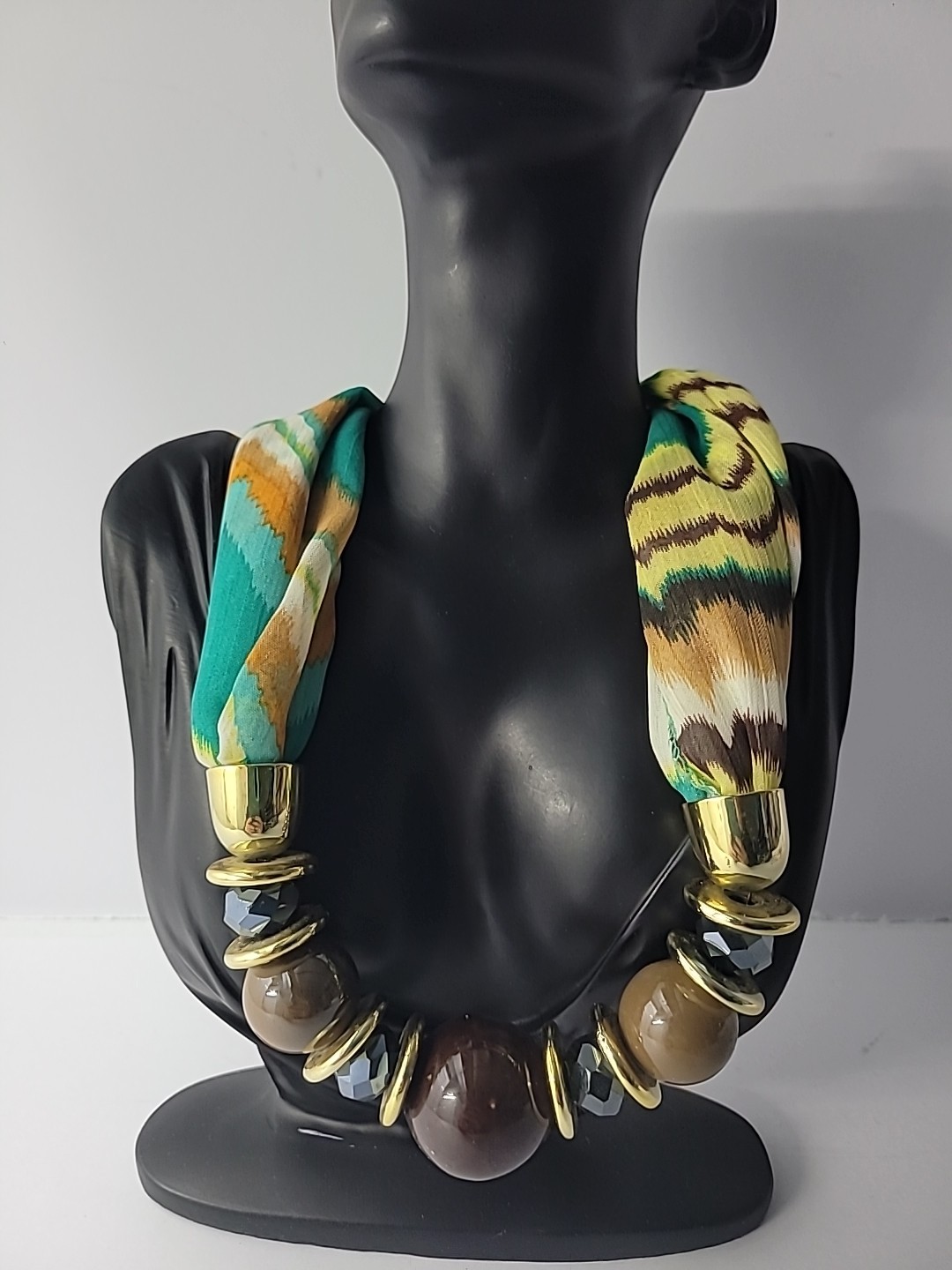 Vintage Boho Statement Necklace Fabric Beads Resin Gold Tone Boho Boutique