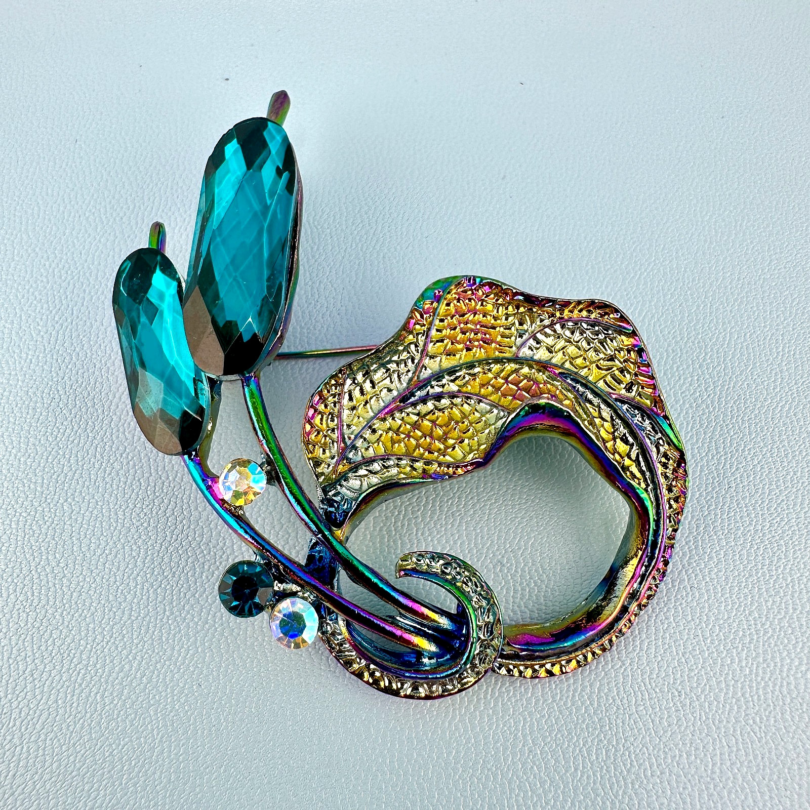 Rhinestone Brooch Flower Leaf Cattail Iridescent Teal Blue Aurora Borealis