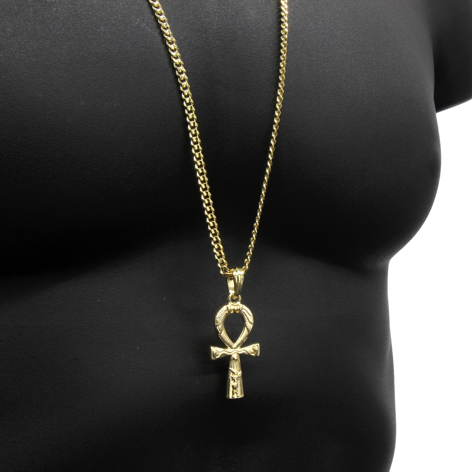Men’s 14k Gold Plated All Gold Engrave Ankh Pendant Hip-Hop 30″ Cuban Chain
