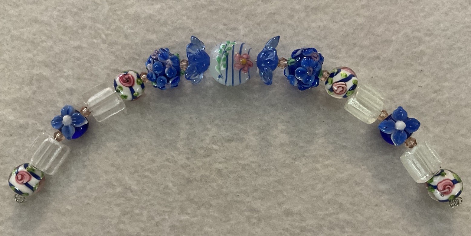New 8”Strand Blue & Rose Floral & Square Foil LampWork Glass Beads 12-20mm