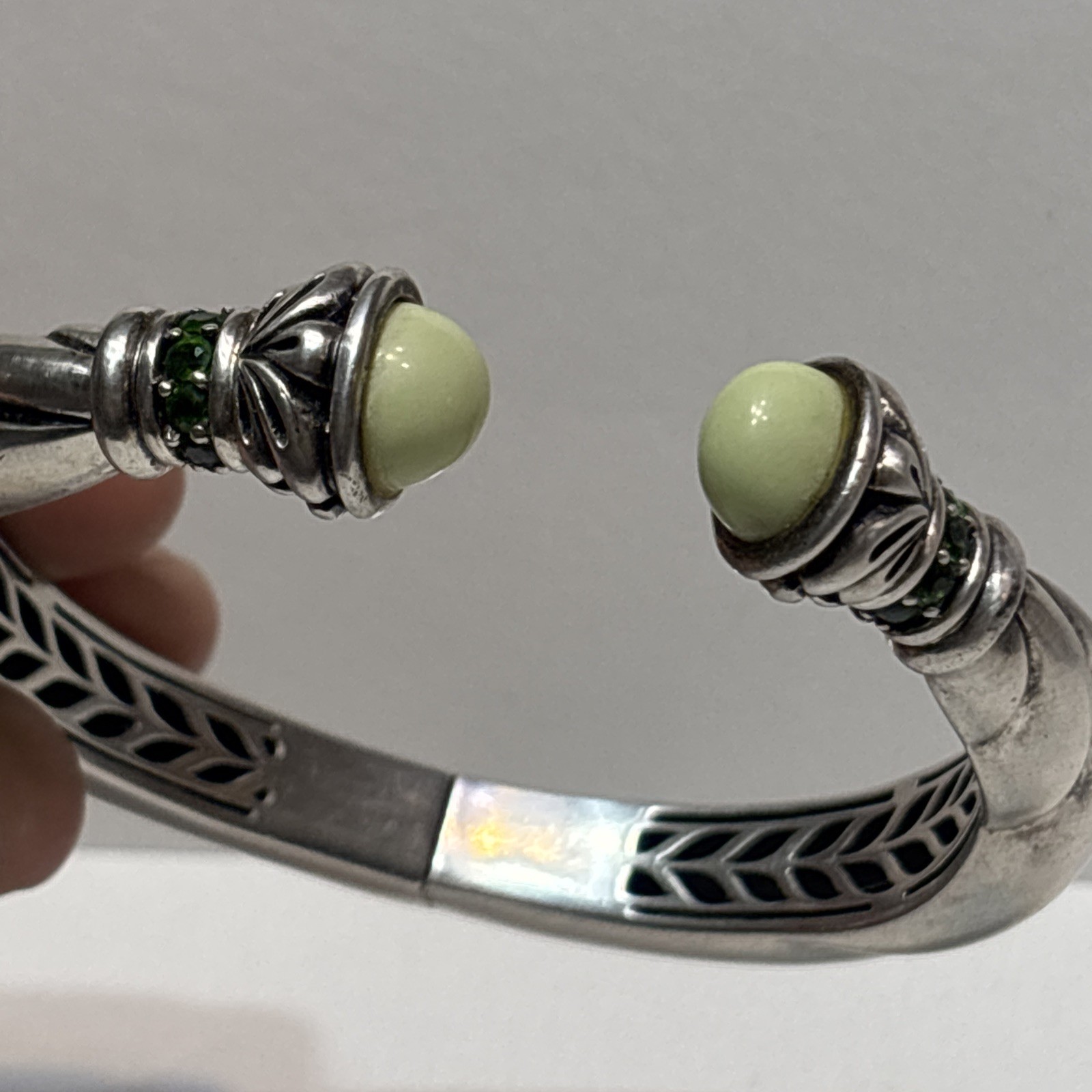Rare Ann King Bracelet Hinged Cuff Green Sterling Silver Stone