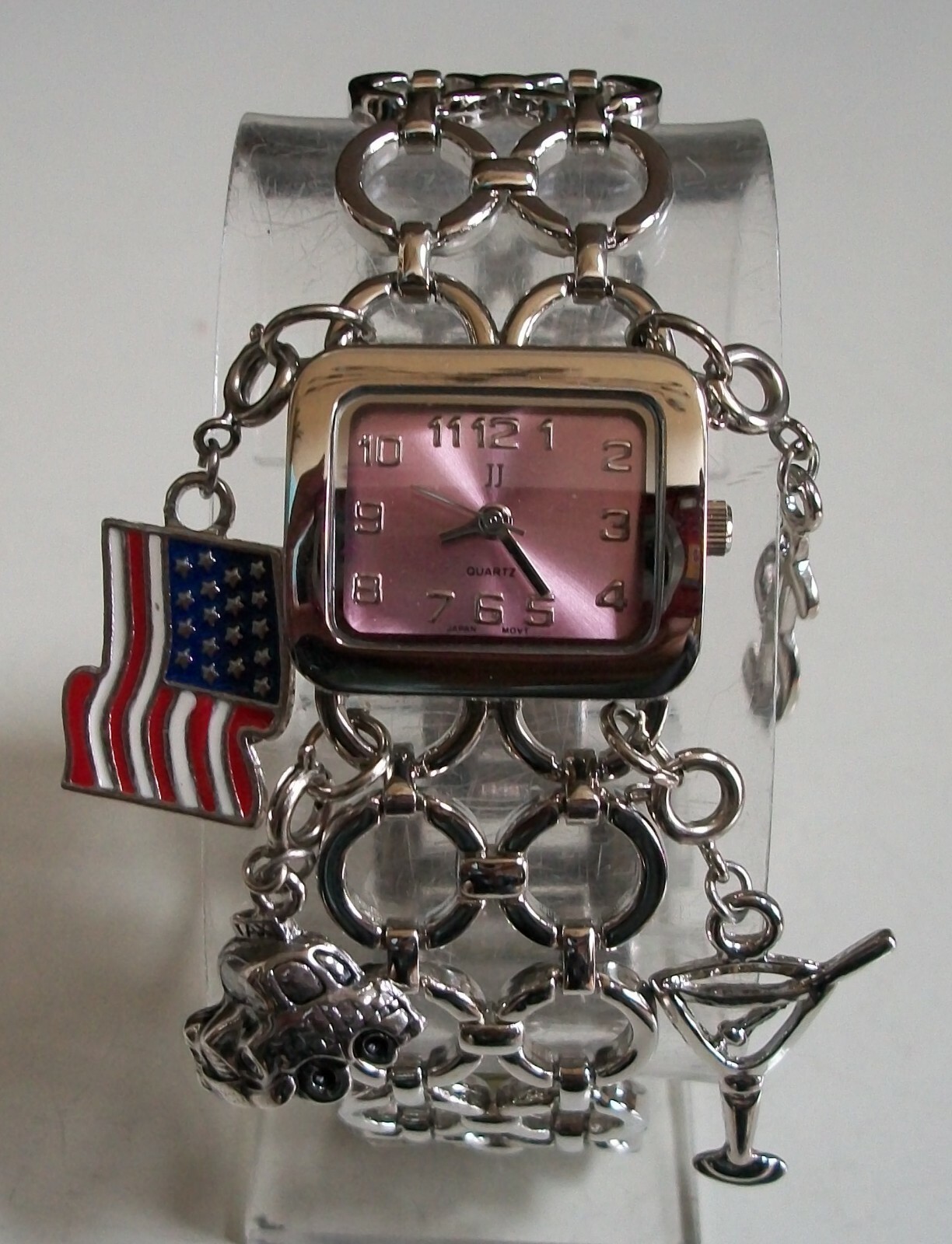 Women’s silver dangling charm bracelet American Flag fashion casual fun watch