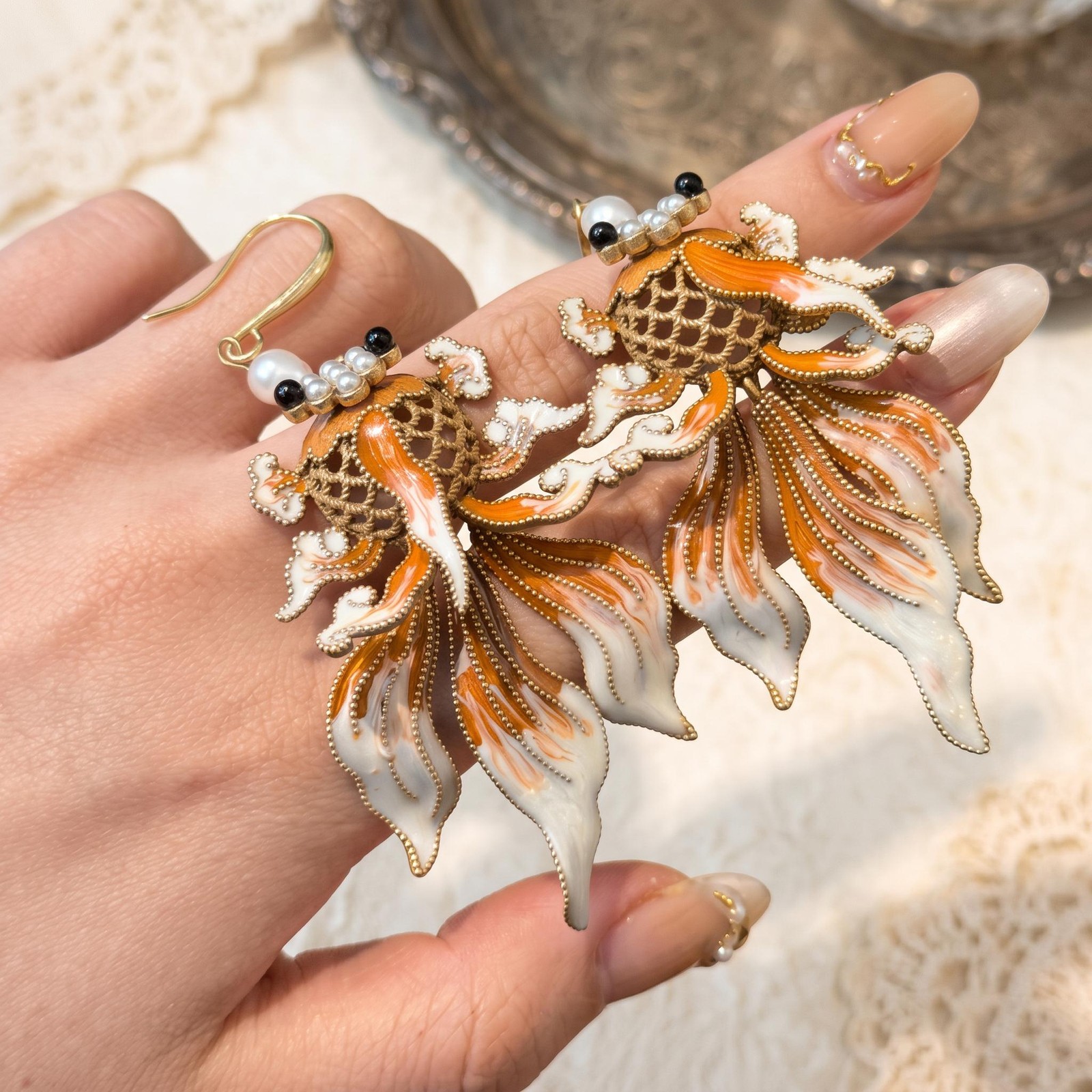 Koi Fish Drop Earrings Gold Enamel Pearl Orange Carp Art Deco Long Dangle Hook