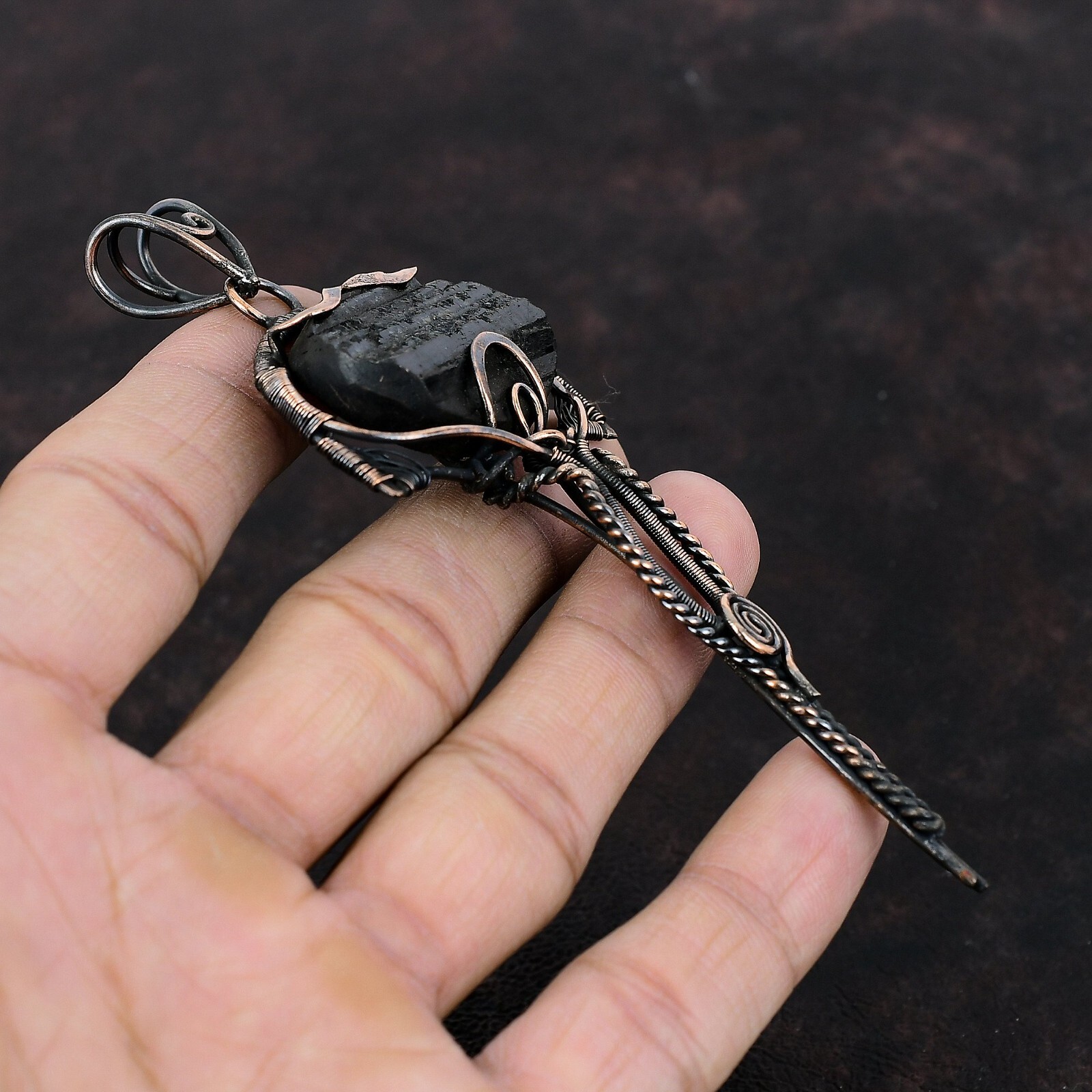 Black Tourmaline Rough Wire Wrapped Pendant Handcrafted Copper Gift 4.72″