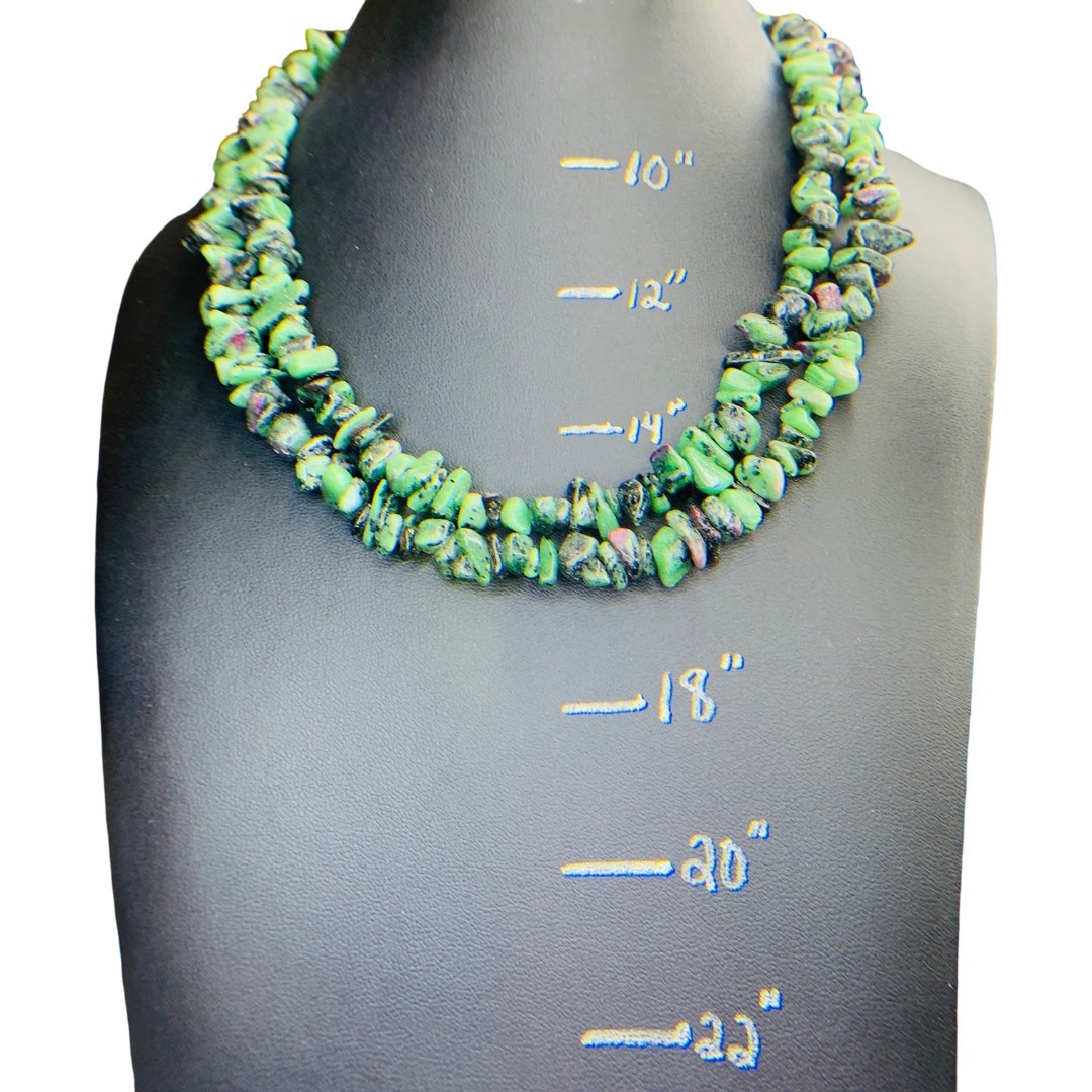Natural Ruby Zoisite Long Gemstone Necklace | 32” Green Stone Strand
