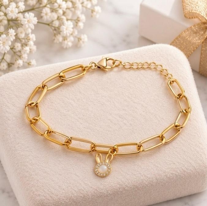 Luxury Gold Color Bunny Pearl Charm Bracelet Women Elegant Crystal Rabbit Link
