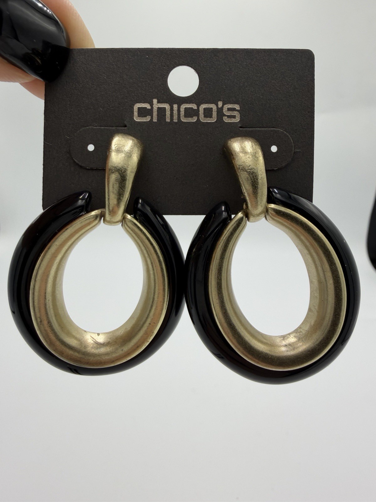 Chico’s black and gold-tone dangle hoop earrings New