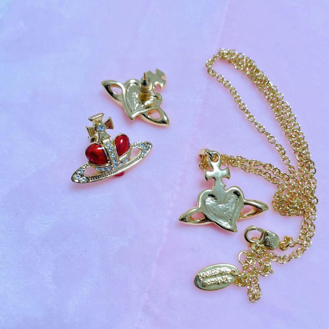 Vivienne Necklace Earrings Set Gold Red Diamante Heart IN BOX