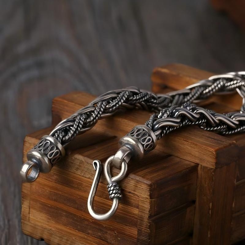 Pure S925 Sterling Silver Chain 6mm Braided Wheat Bracelet 34-35g 7.6inch