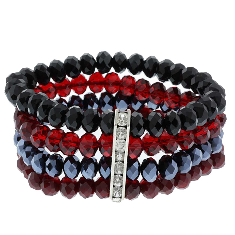 4-Row Multi-Color Black and Red Faceted Crystal Stretchy Bracelet for Women