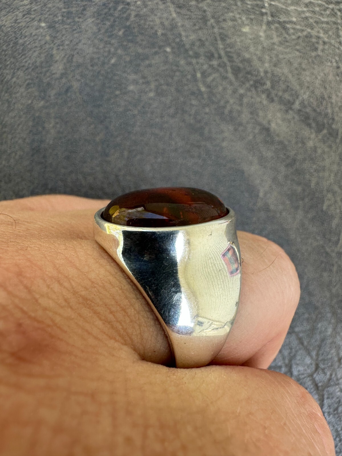Large Genuine Baltic Amber Stone Mens Real Solid 925 Sterling Silver Signet Ring