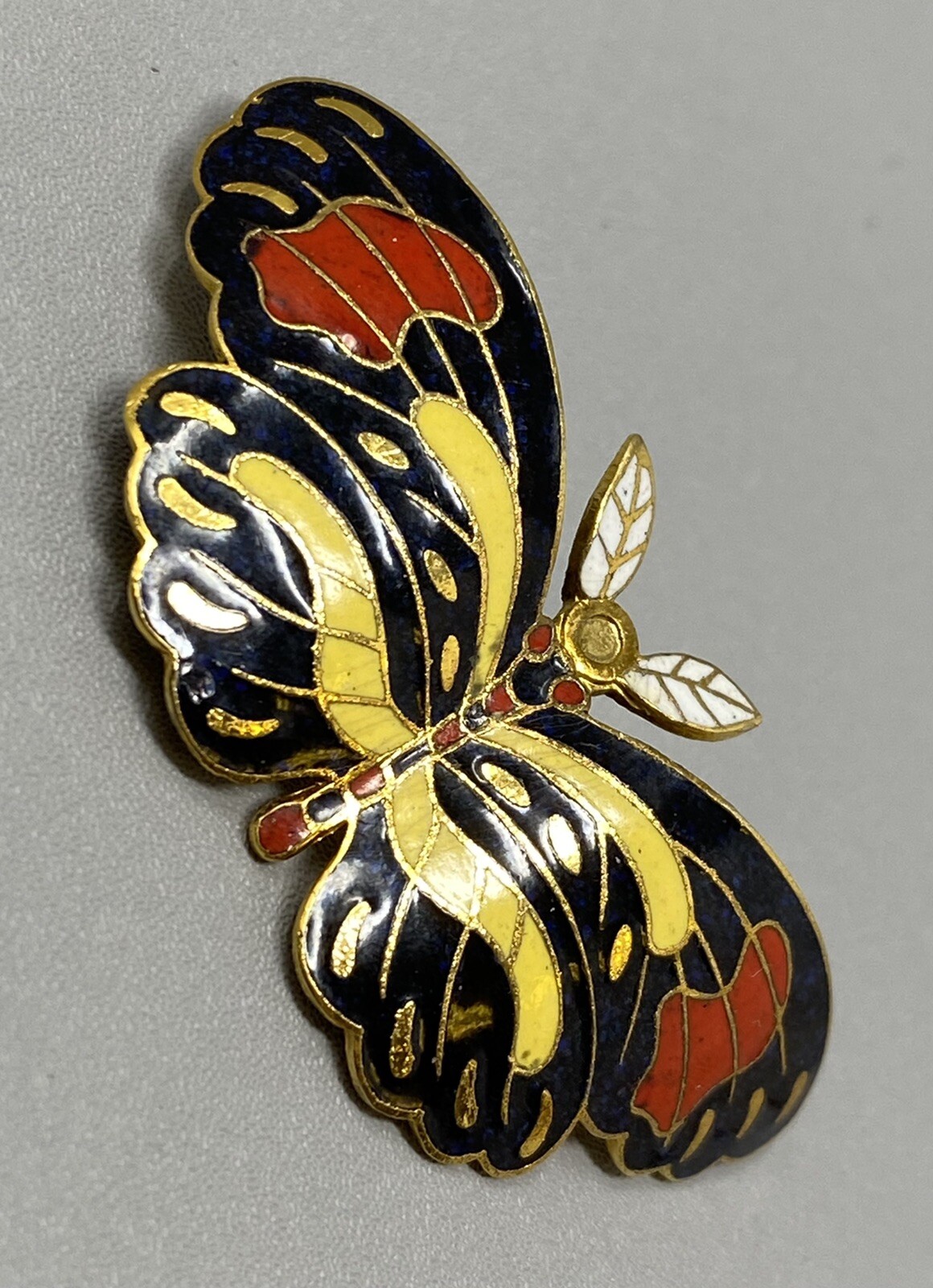Vintage Cloisonne Butterfly Brooch C Clasp Pendant China Black Yellow Red Enamel