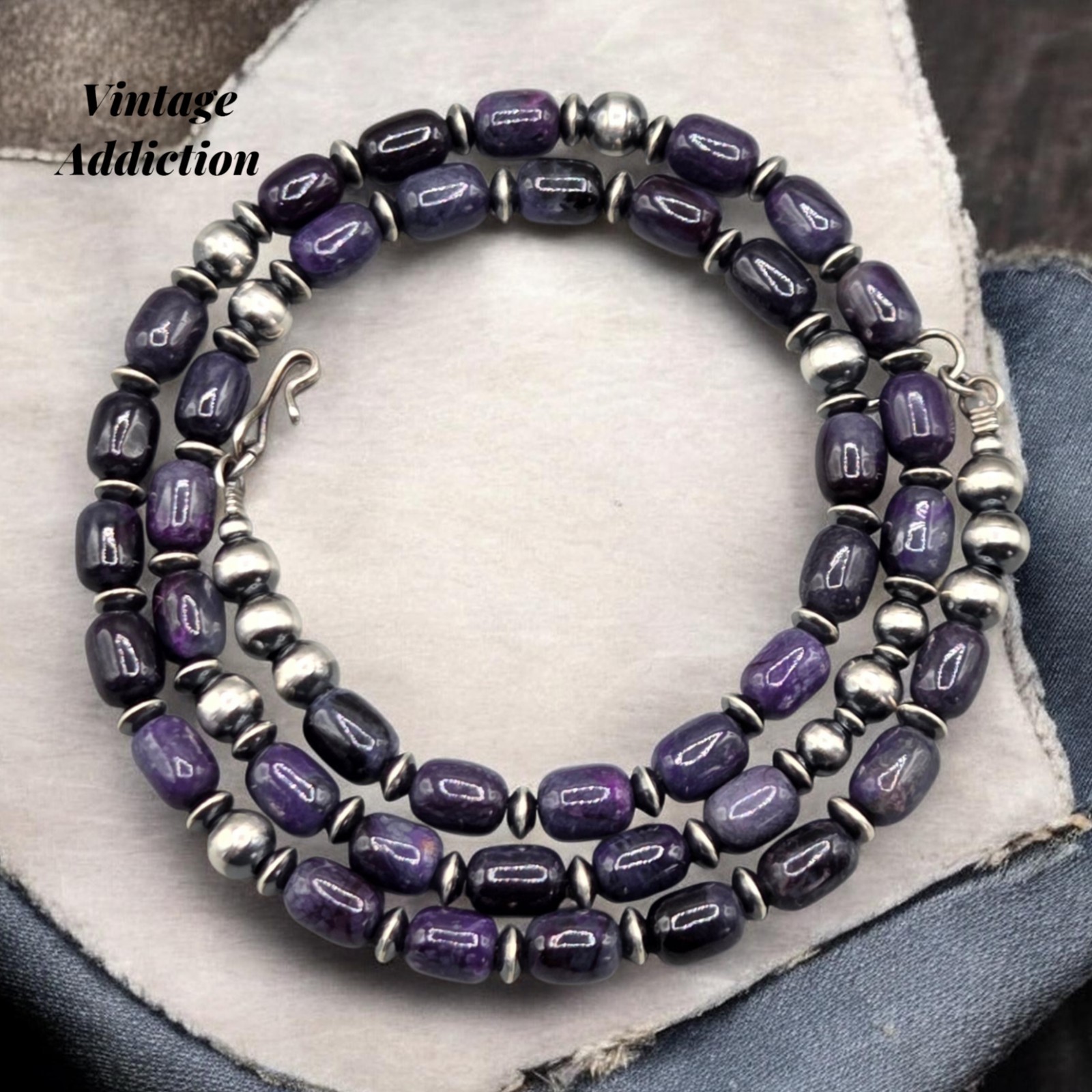 21.5″ Rare Sugilite Sterling Navajo Pearl Necklace Southwest Squash Petite 6+mm