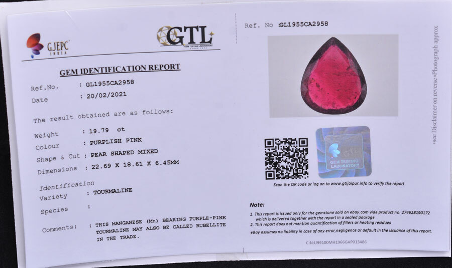 19.79 Cts Natural Pink Tourmaline Huge Size Untreated GTL Certified Gemstone