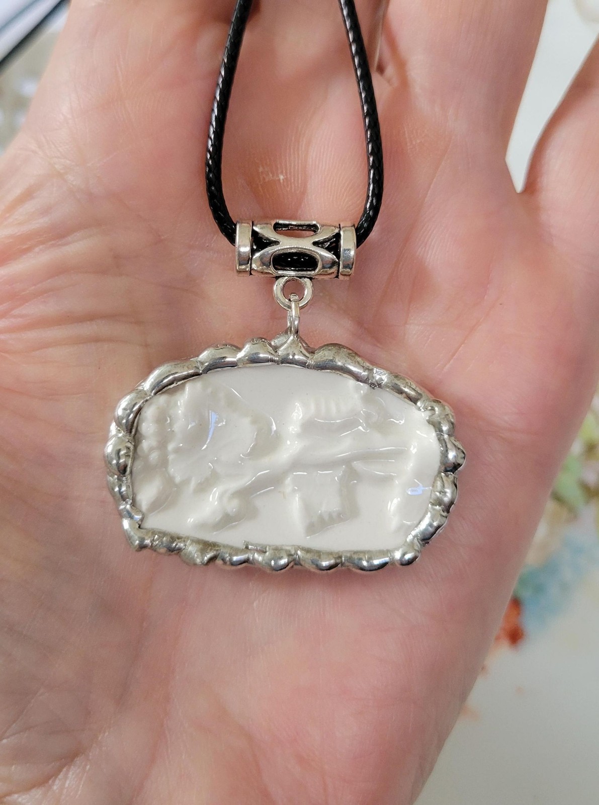 Wedgwood Etruria Broken China Pendant Necklace, Embossed Queens Ware