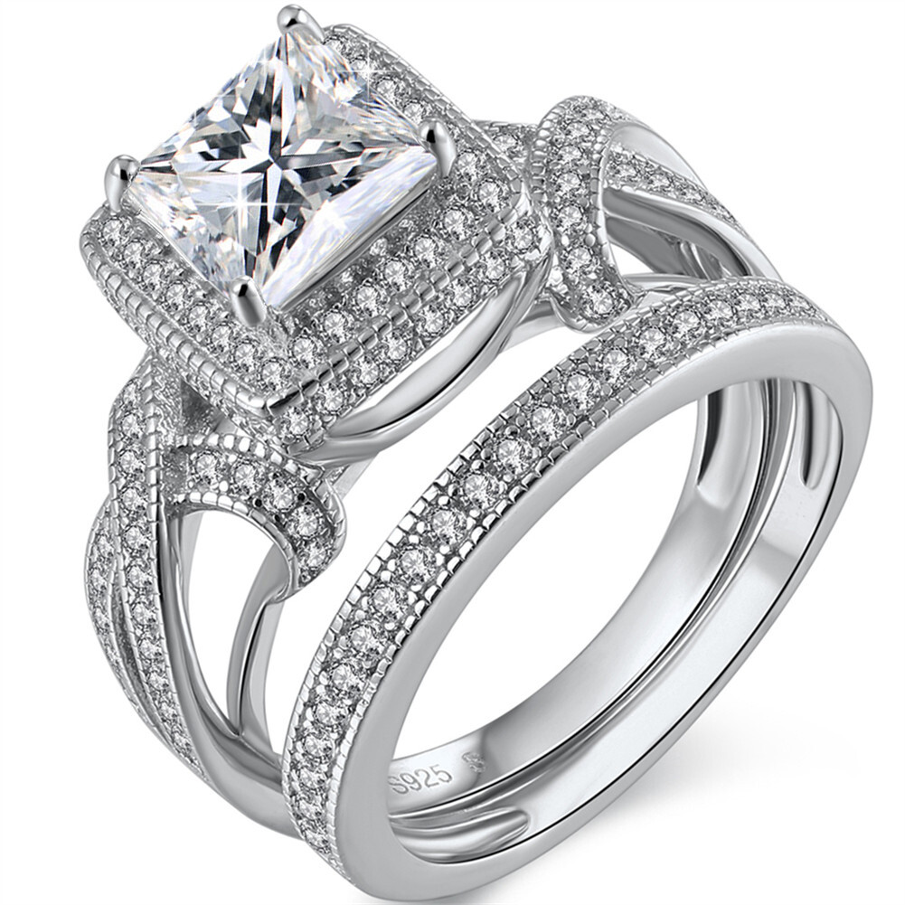 Princess Cut Cubic Zirconia Wedding Ring Sterling Silver Cz Halo Bridal Ring Set