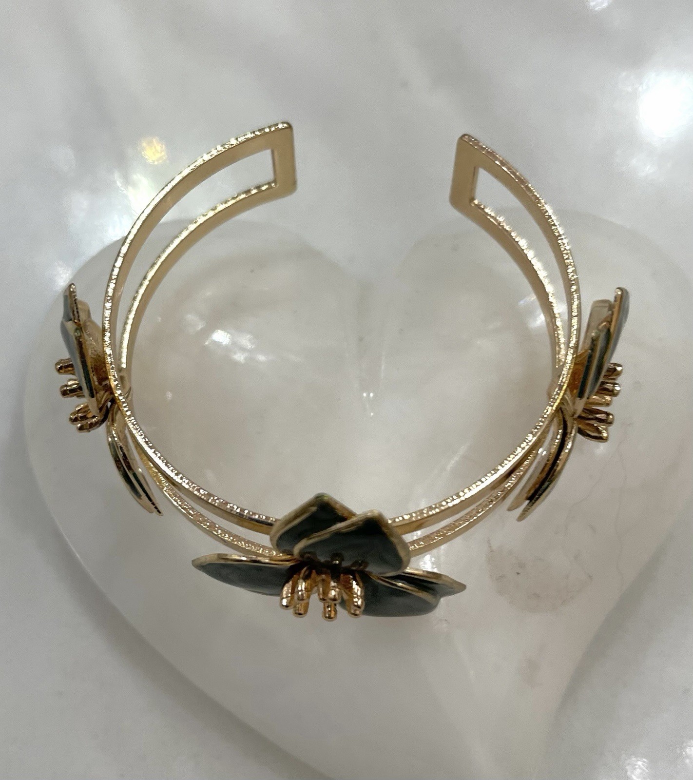 Gold Tone Green Enamel Flower Cuff Bracelet Adjustable Nature Theme