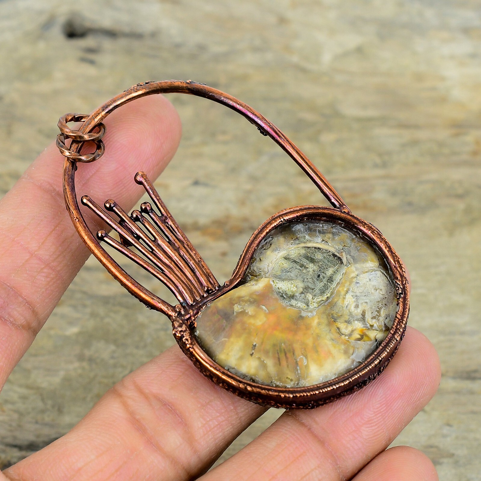 Natural Ethiopian Opal In Ammonite Fossil Birthday Electroformed Pendant Copper