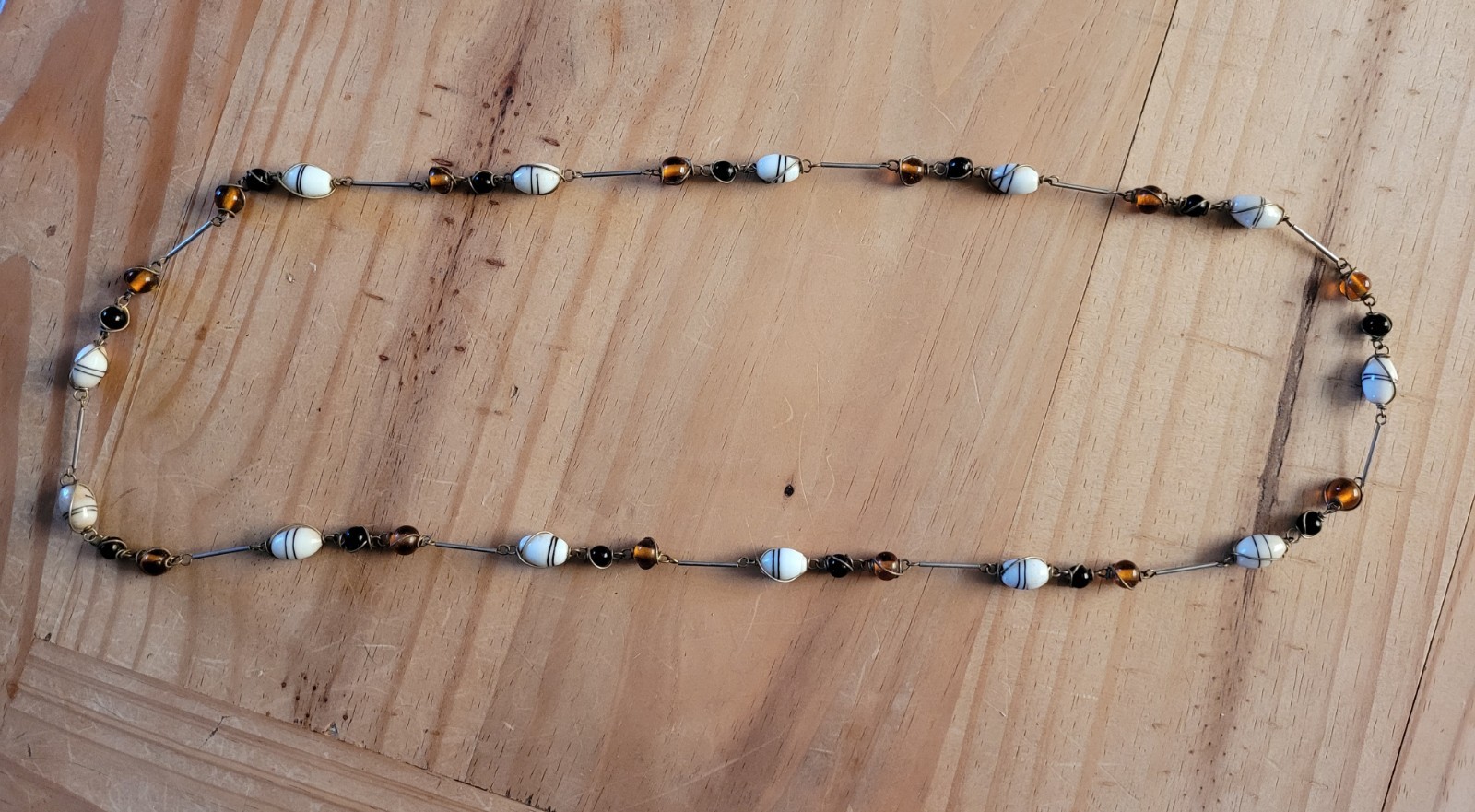 Station Beaded Glass Necklace White Oval Black Stripe & Amber Brown Beads 31-36″