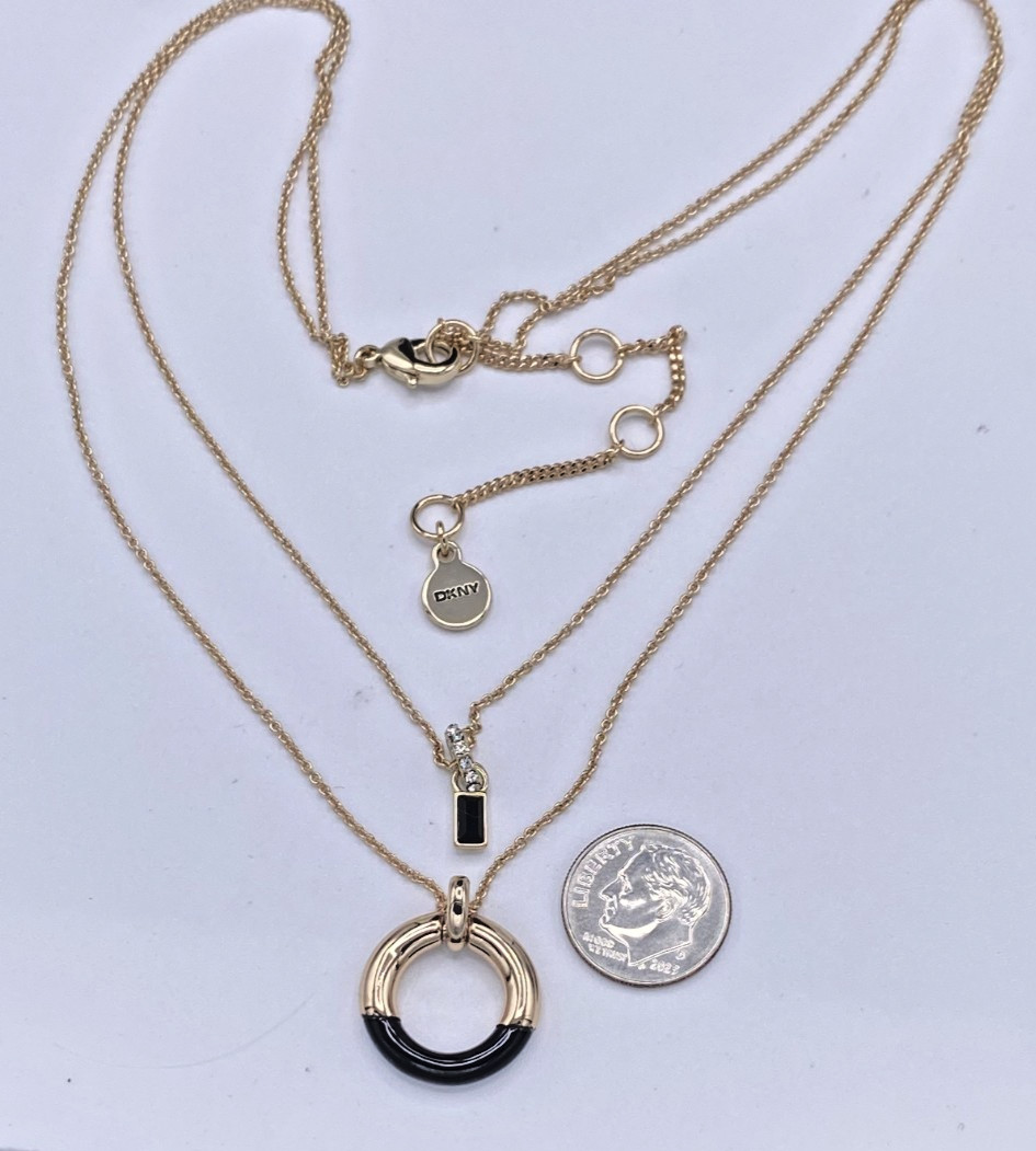 DKNY Gold Tone Organic Pendant Two-Row Necklace 16″ + 3′ extender NEW Gift Box
