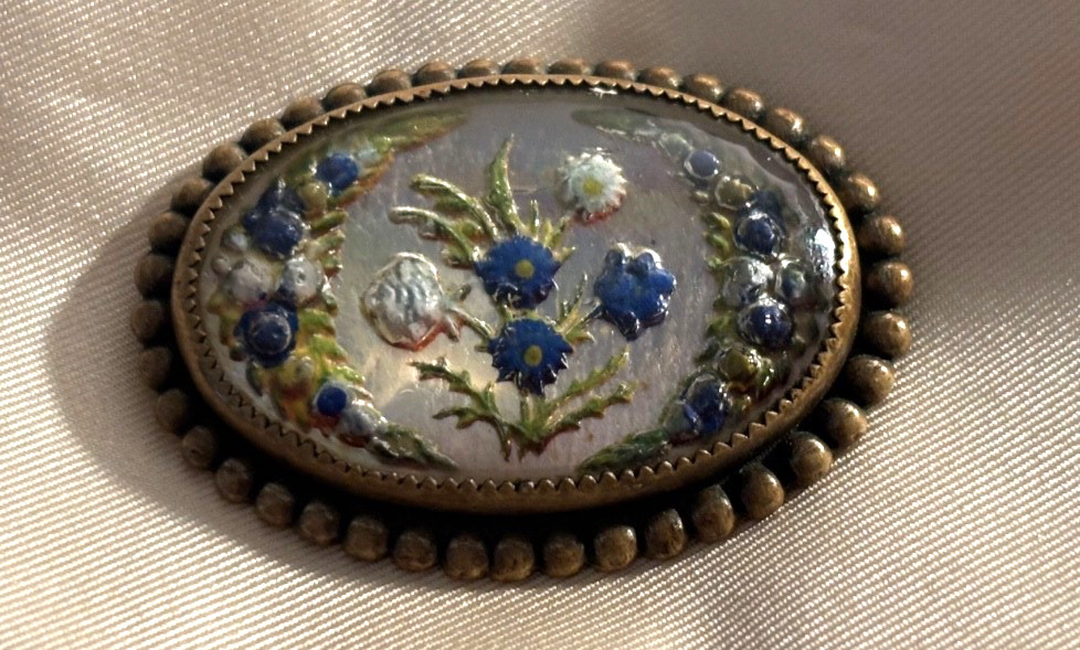 Antique Brass Goofus Glass Reverse Carved Pin Brooch Early 20th C.