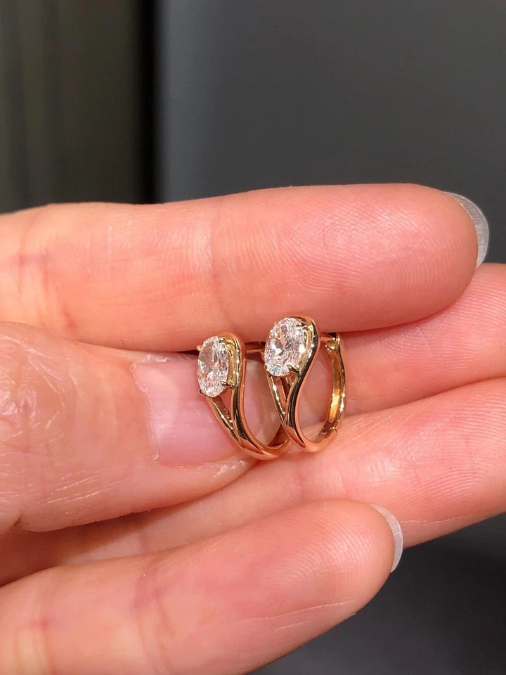 IGI 3.00 Ct E-VS1 Oval Lab Grown Diamond Hoop/Huggie Earrings 14K Yellow Gold