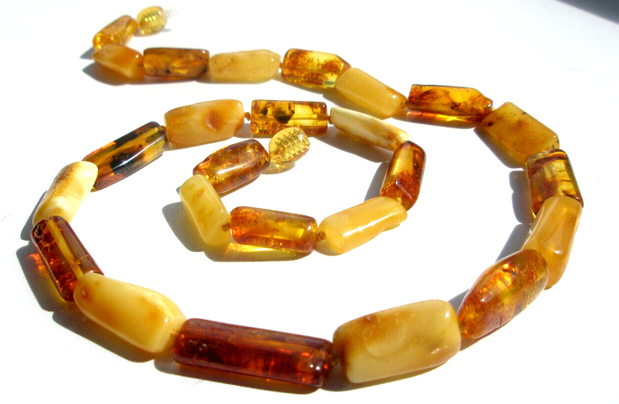 Real Baltic Amber Necklace Elongated Beads Egg Yolk Cognac 48 cm 19” Polished