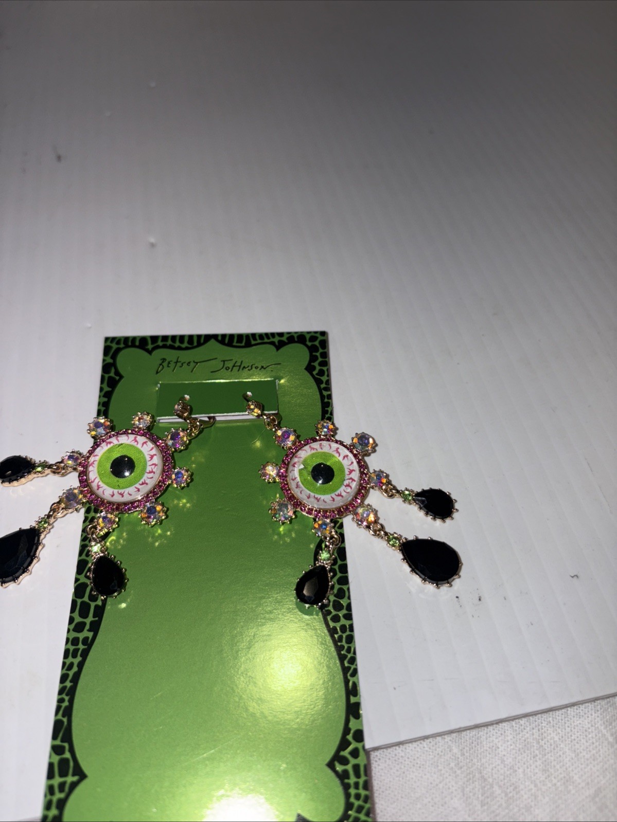 BETSEY JOHNSON DANGLE DROP EYEBALLS EARRINGS W BLACK CRYSTAL TEARS MULTI COLOR