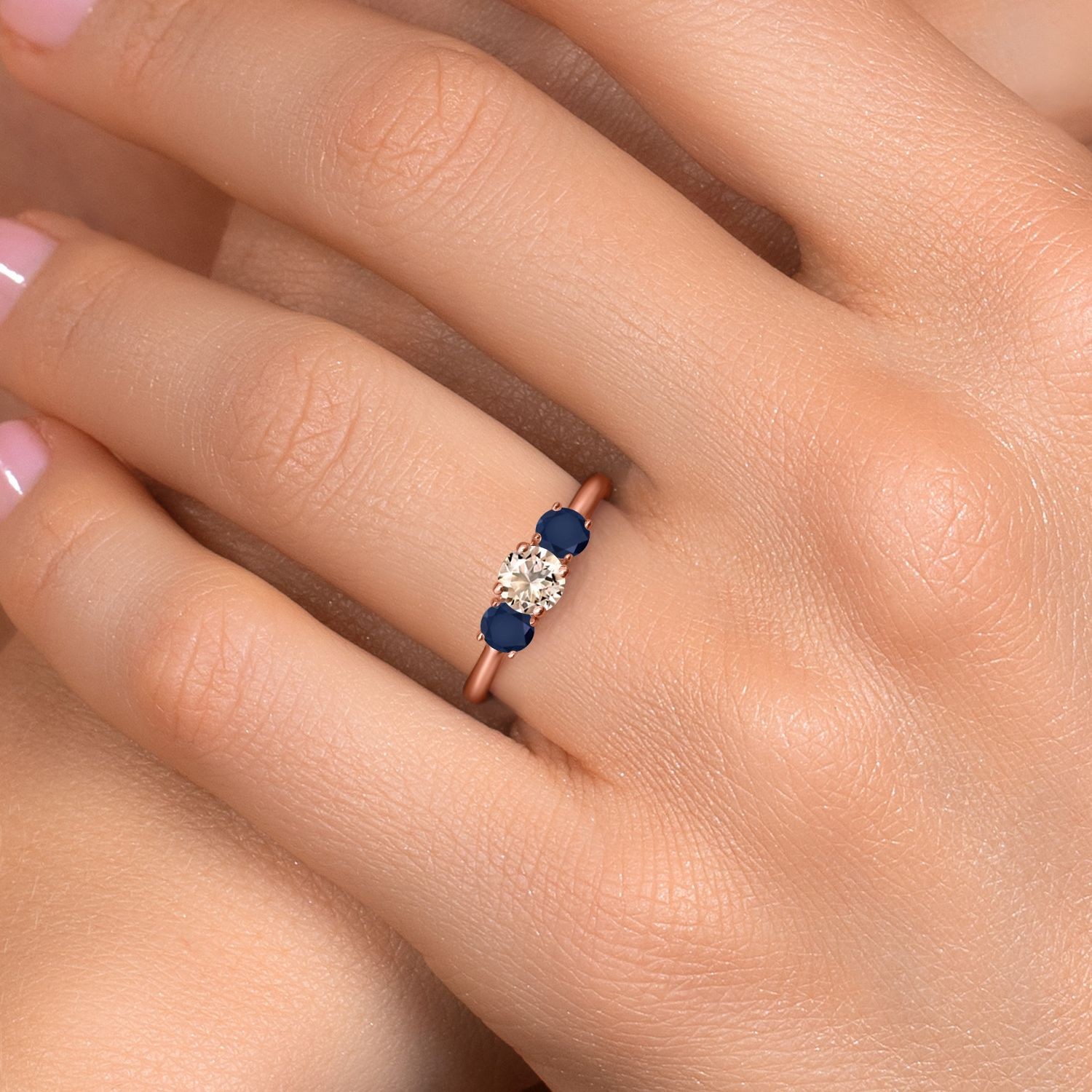 18K Rose Gold Plated Silver Peach Morganite and Sapphire Engagement Ring For
