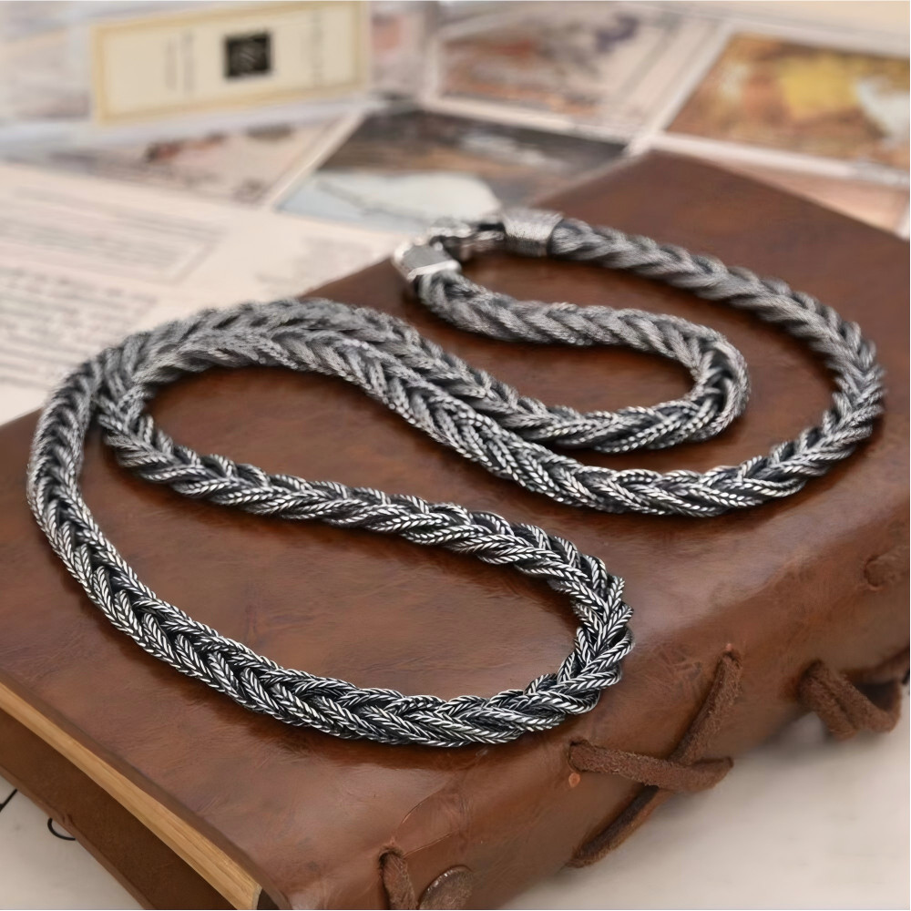 Pure S925 Sterling Silver Chain 6mm Braided Foxtial Link Necklace34-35g 23.6inch