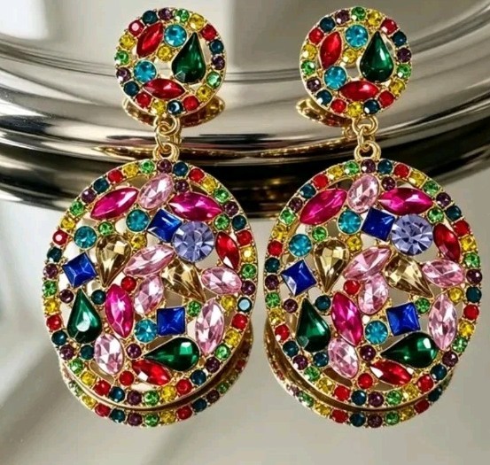 Round Cluster Earrings, Multicolor Faux Stones Of Crystals, Rinestones Gems