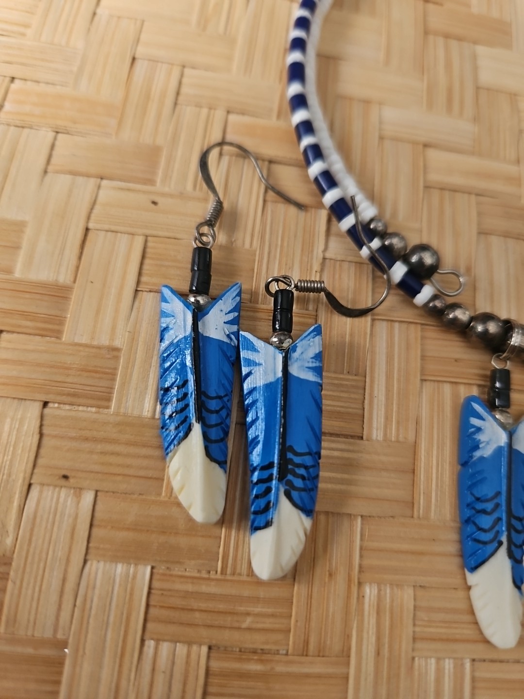 HANDMADE CARVED WATER BUFFALO BONE FEATHER EARRINGS ALASKA BONEYARD COLLECTION