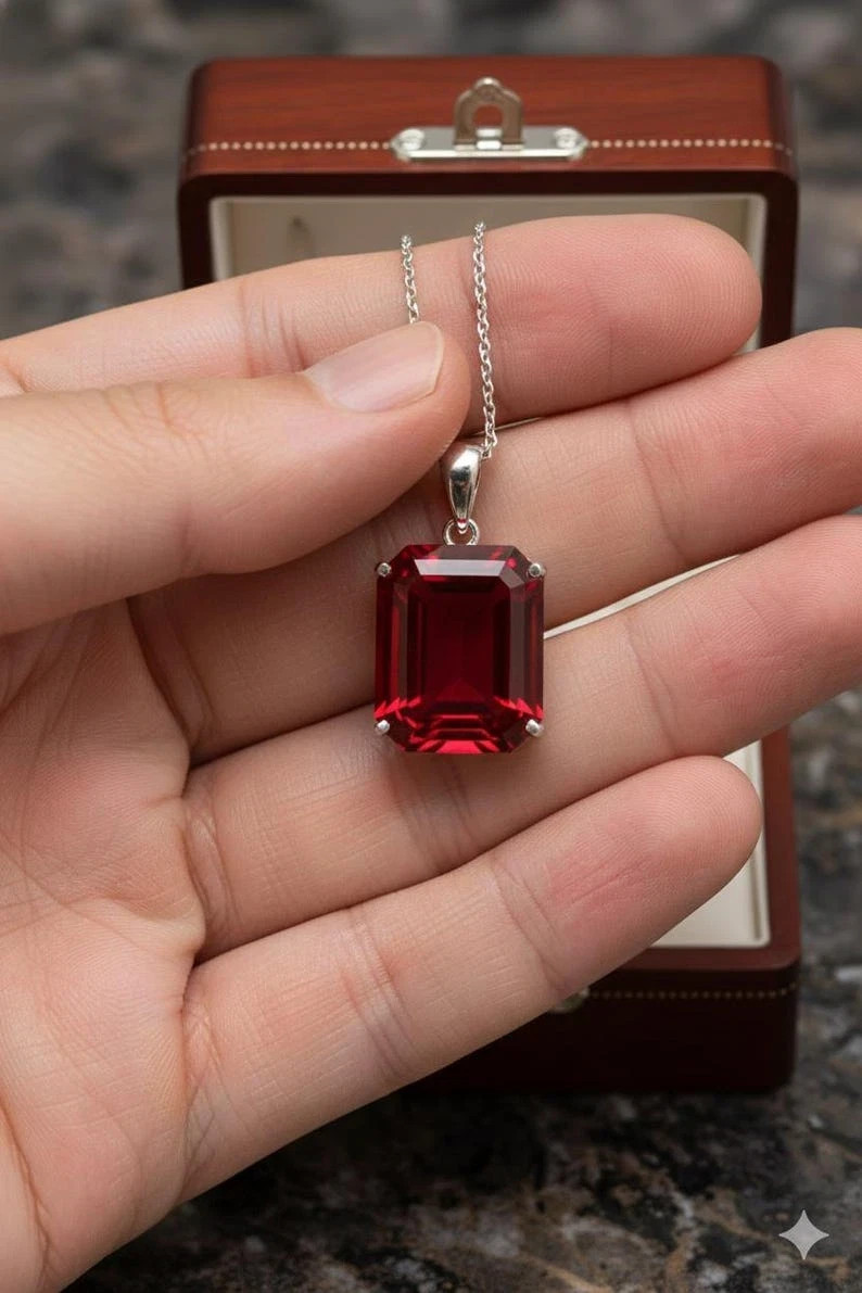 36 Ct Red Ruby Natural Emerald Cut 925 Sterling Silver Certified Jewelry Pendant