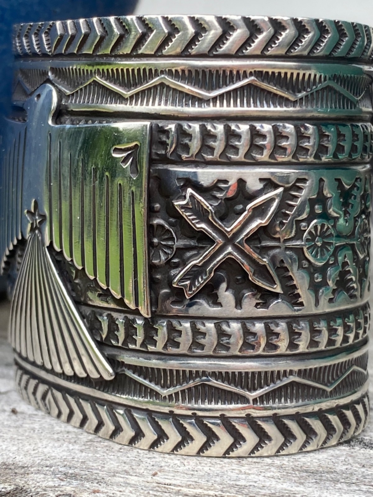 MINT CONDITION Navajo Sunshine Reeves Thunderbird Solid 925 Cuff Bracelet WIDE!!