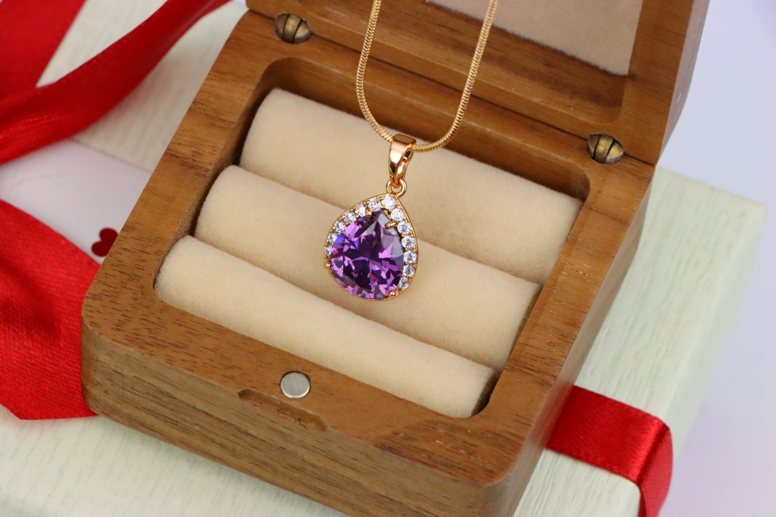 with Crystal Halo in Elegant Rose Gold Finish, XPPT1615 Teardrop Purple Pendant
