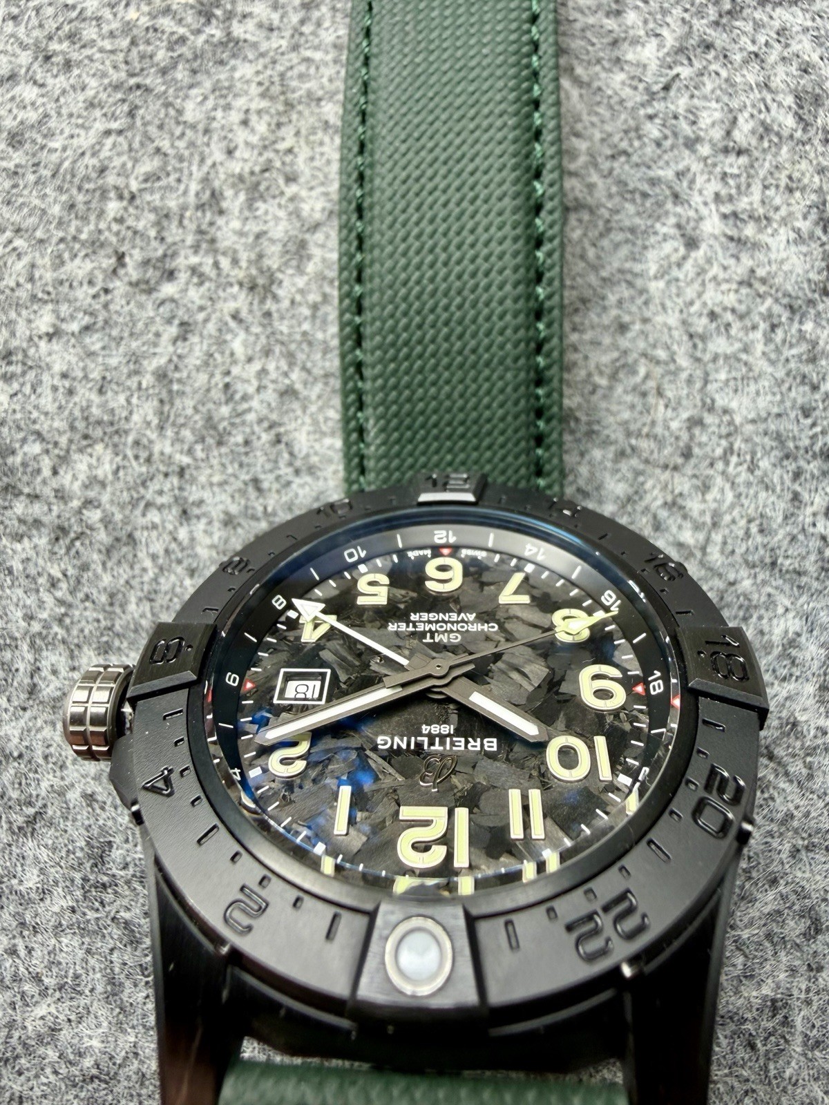Breitling Avenger Automatic GMT 44mm Black Dial Green Leather Strap 300m