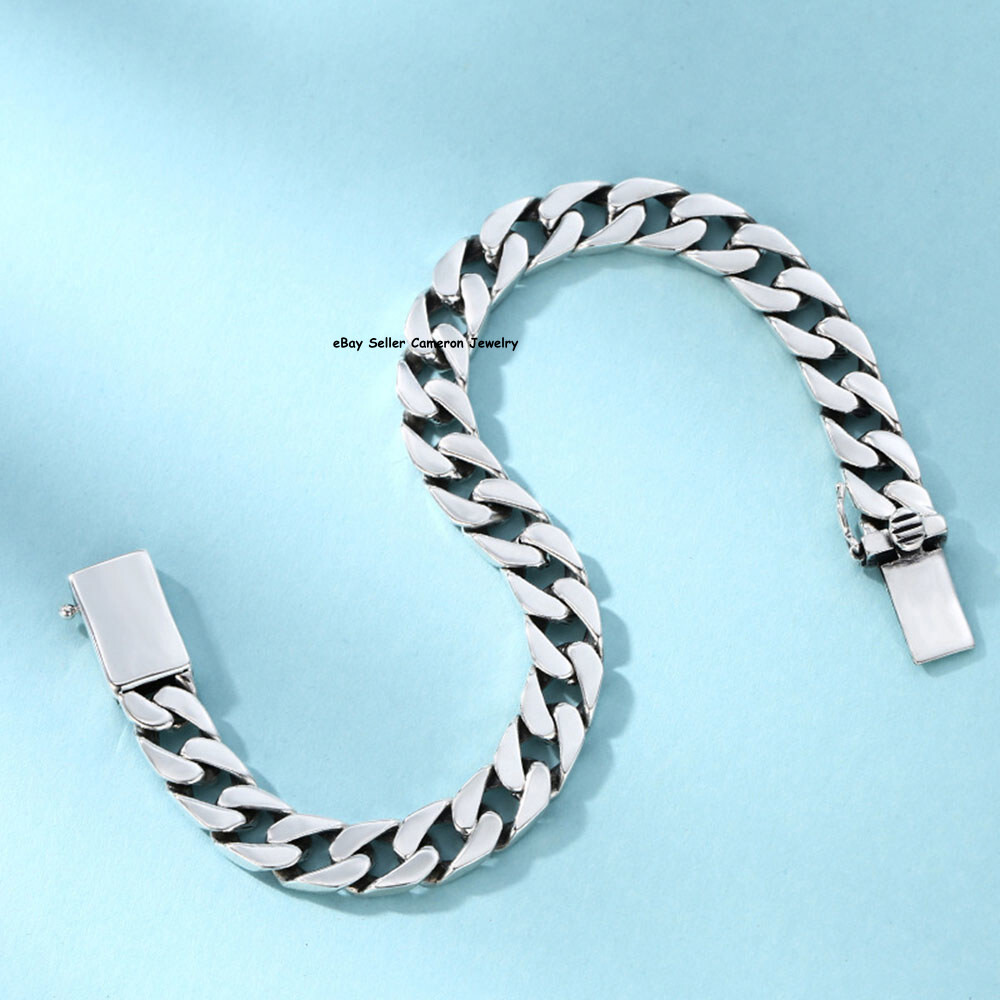 Pure S925 Sterling Silver Chain 7mm Cuban Curb Link Bracelet 7.1-7.9inch L