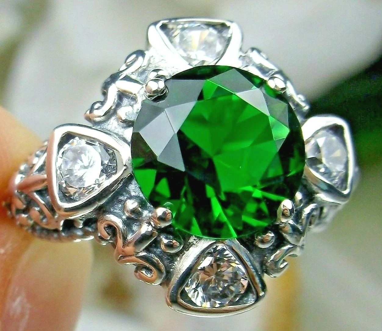 Art Deco Filigree (Custom-Made) D138 Emerald & Lab-Grown Diamond Engagement Ring