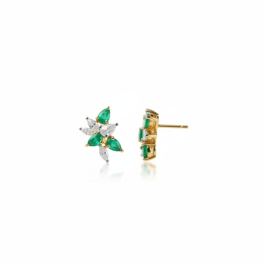 Natural Emerald Flower Cluster Stud Earrings 3x4mm Platinum Plated